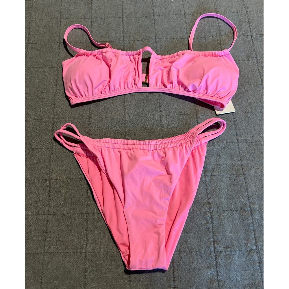 Beach Joy Bikini Pink Ruched Strappy Two Piece Swimsuit Small Coastal NWT